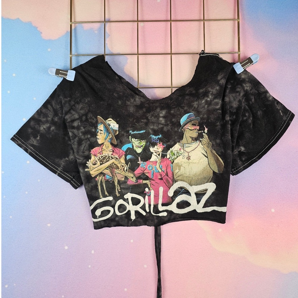 Gorillaz Graphic Crop Top Women Small Black Acid Wash Custom Lace Up Back Good